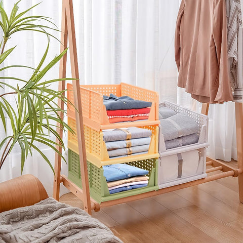 Set of 4 Stackable Foldable Wardrobe Storage Box Organizer (Easy Open and Folding), Plastic Cabinet Basket Shelves Closet Organiser Box