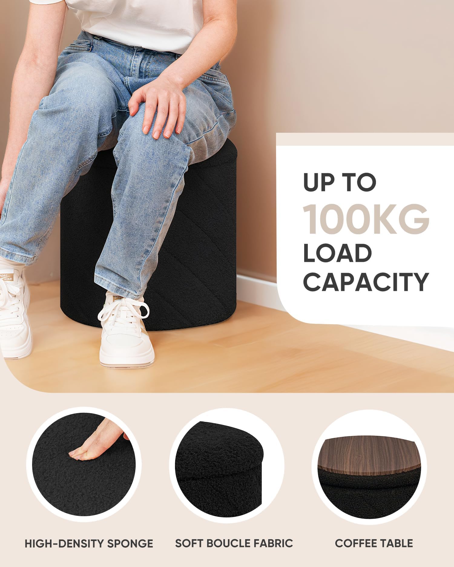 Bonlife Round Ottoman Stool with Storage Seat,Folding Footstool,Black,33cm