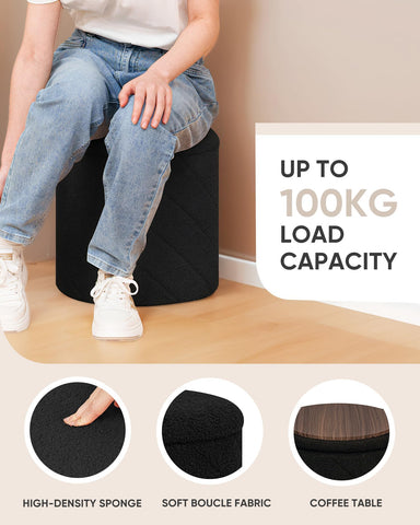 Bonlife Round Ottoman Stool with Storage Seat,Folding Footstool,Black,33cm