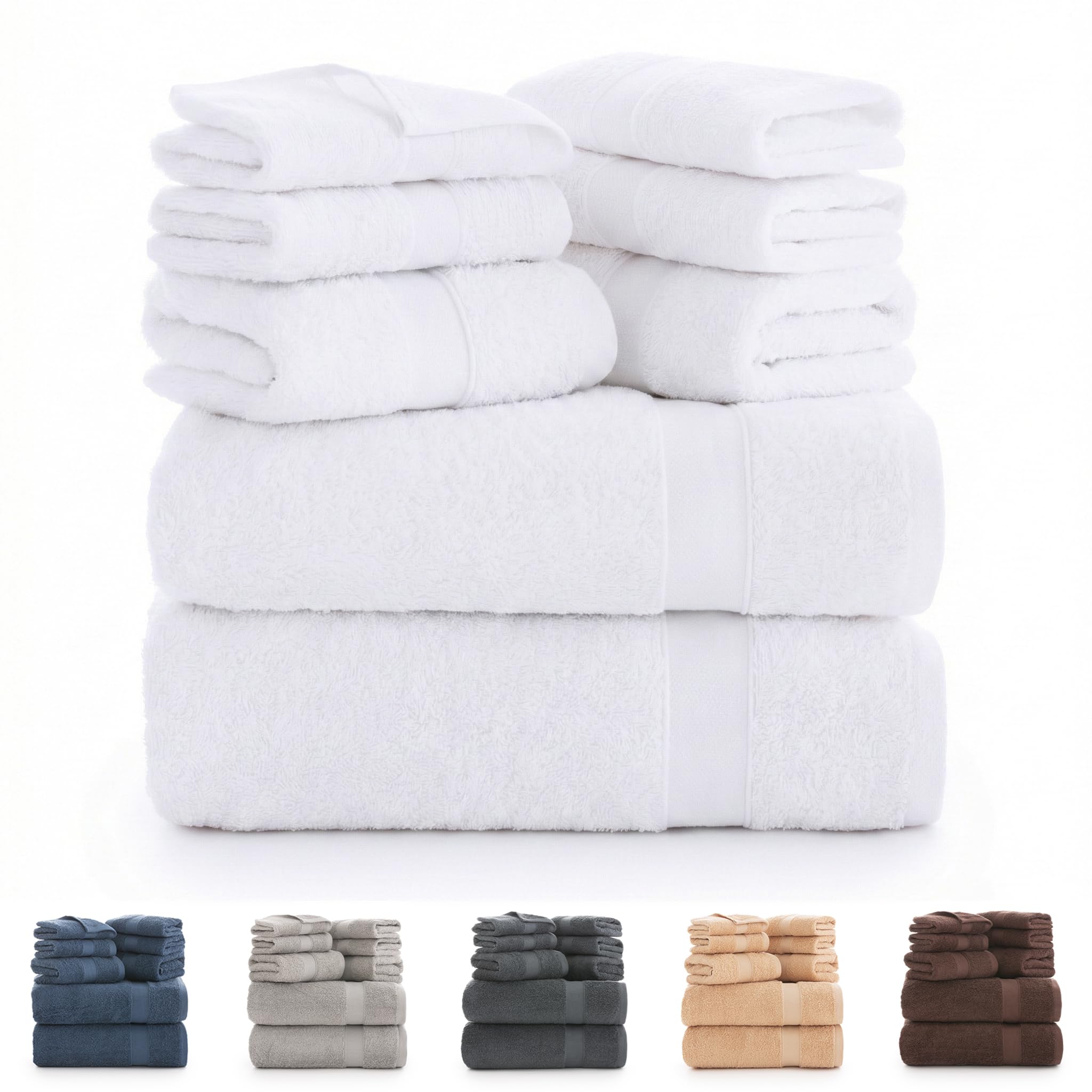 Todocama - Set of 8 Bath Towels 100% Cotton (550 GSM) Extra Soft, High Absorbent and Quick Drying, 2 Bath Towels, 2 Hand and 4 Face Towels (White)