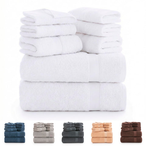 Todocama - Set of 8 Bath Towels 100% Cotton (550 GSM) Extra Soft, High Absorbent and Quick Drying, 2 Bath Towels, 2 Hand and 4 Face Towels (White)