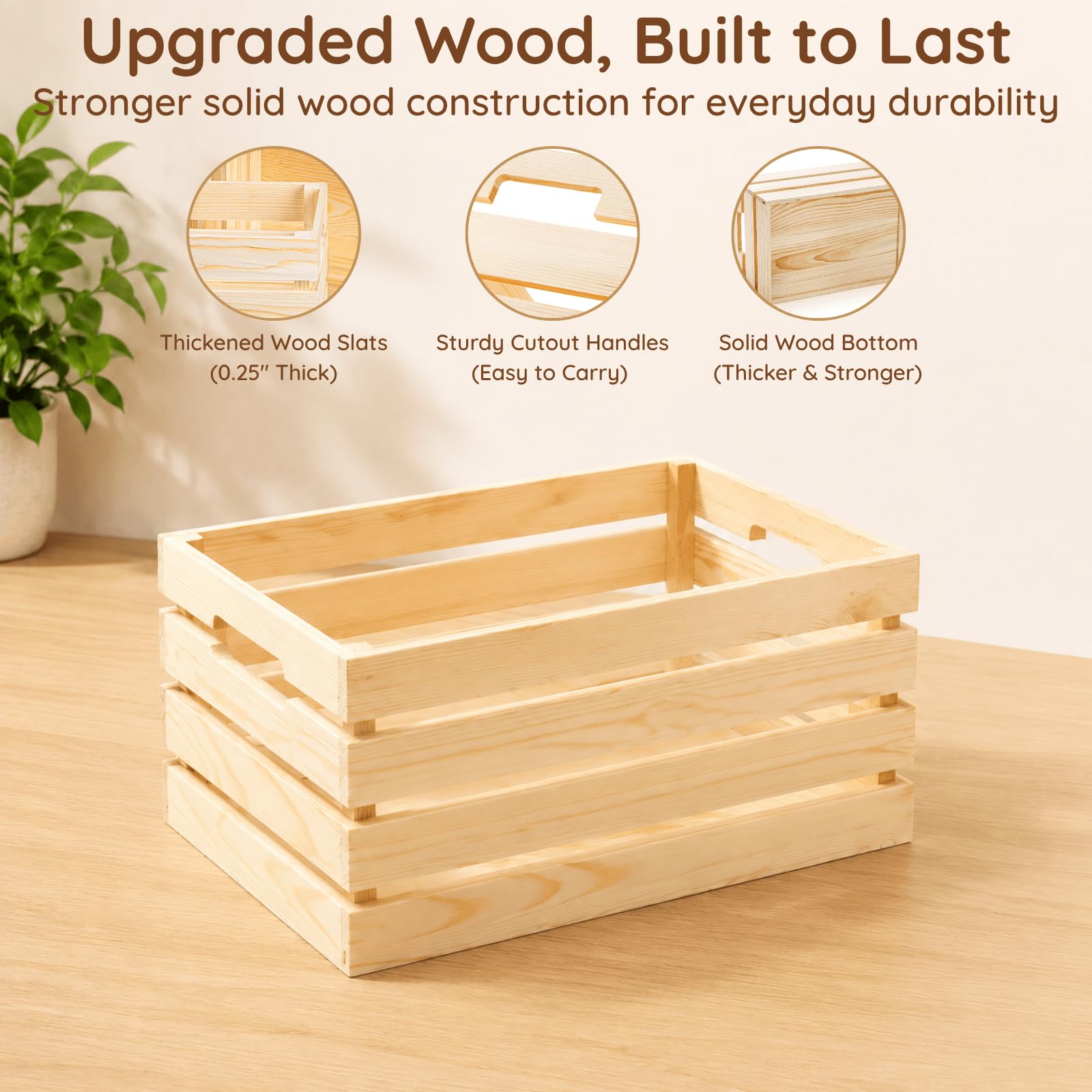 YOUEON Set of 3 Rustic Wooden Nesting Crates with Handles, Decorative Wooden Crates, Crate Box Wooden Storage Box for Kitchen, Office, Bedroom