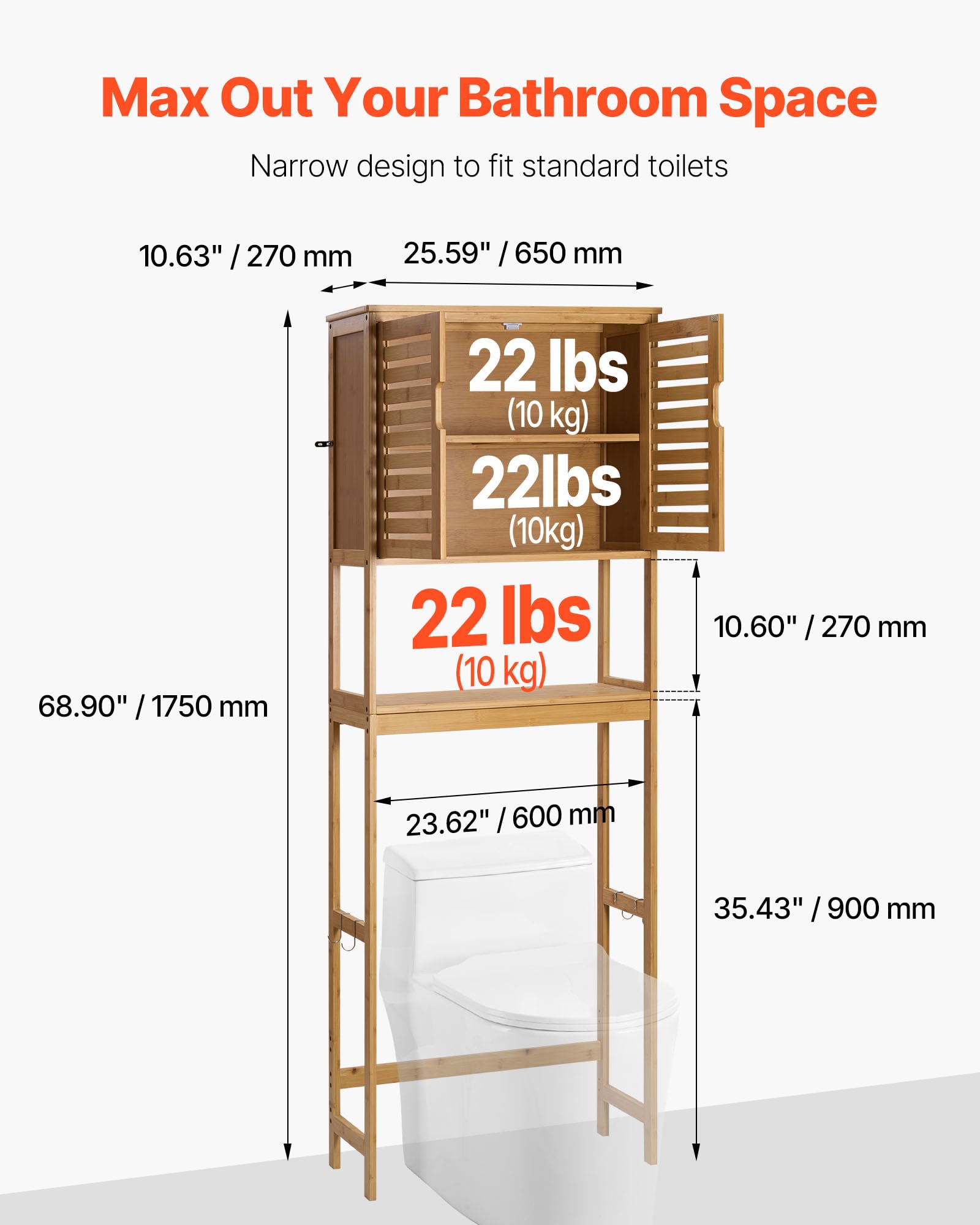 VEVOR Bamboo Over The Toilet Storage Cabinet, 68.9 in Height Bathroom Storage Organizer with Double Door & Inner Adjustable Shelf