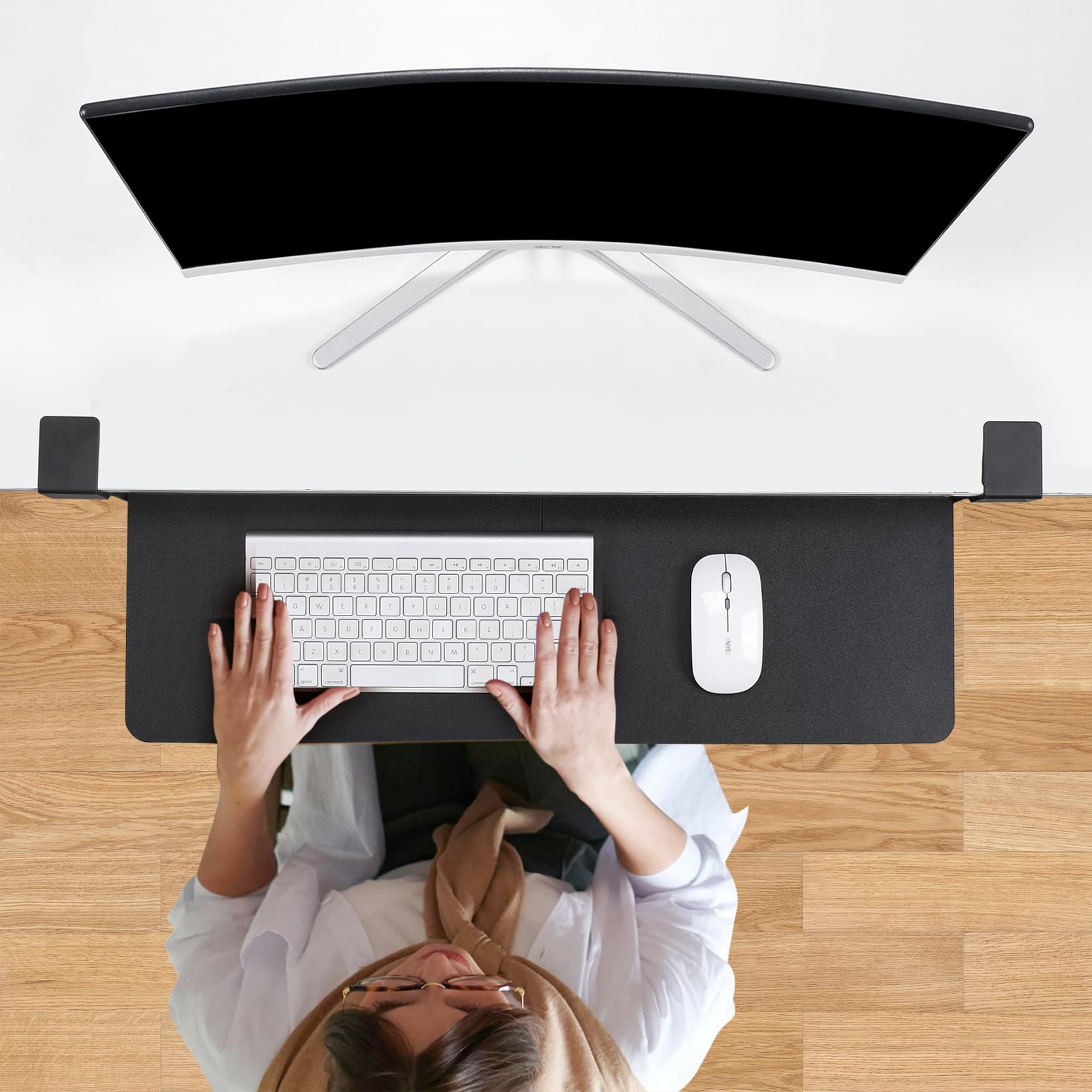 TECLUK Keyboard Tray Under Desk with Drawer,26.77" X 11.81" Keyboard Tray Large Size with C Clamp-on Mount, Easy to Install