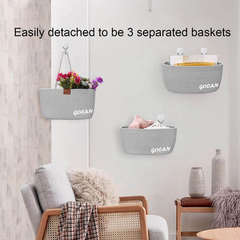 GOCAN 3-Tier Over Door Cotton Rope Woven Hanging Storage Basket(Grey)