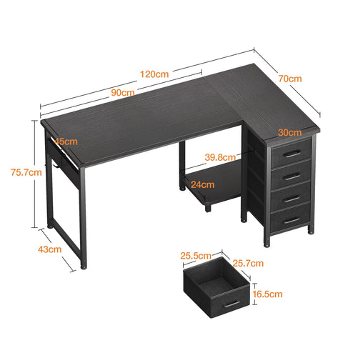 Coleshome Small Corner Desk with Drawers for Home Office, 120x70 cm, Black