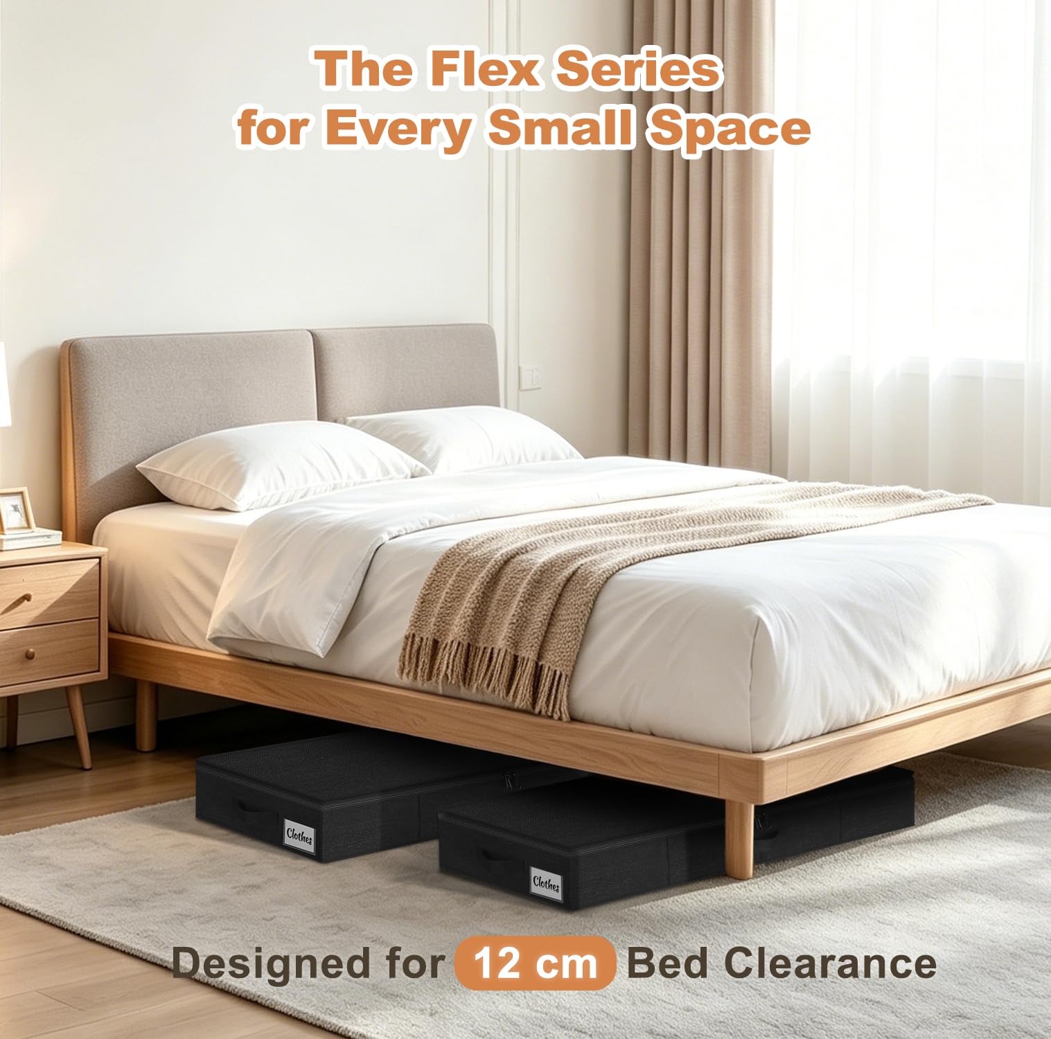 12 cm Tall 40L Under Bed & Sofa Storage Boxes with Zipped Lids, Slim Low Profile Under Bed Storage Boxes w/Sturdy Sides, Base