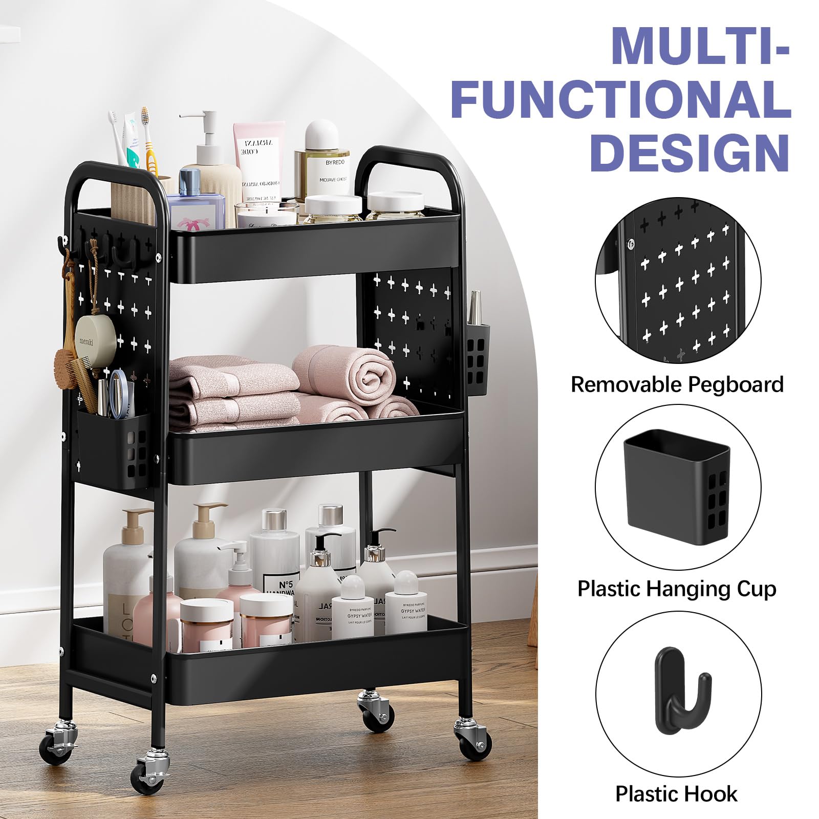 KINGRACK 3-Tier Rolling Cart with DIY Hanging Board, Metal Utility Cart with Wheels, Handles, Baskets & Hooks, Storage Organizer for Bathroom