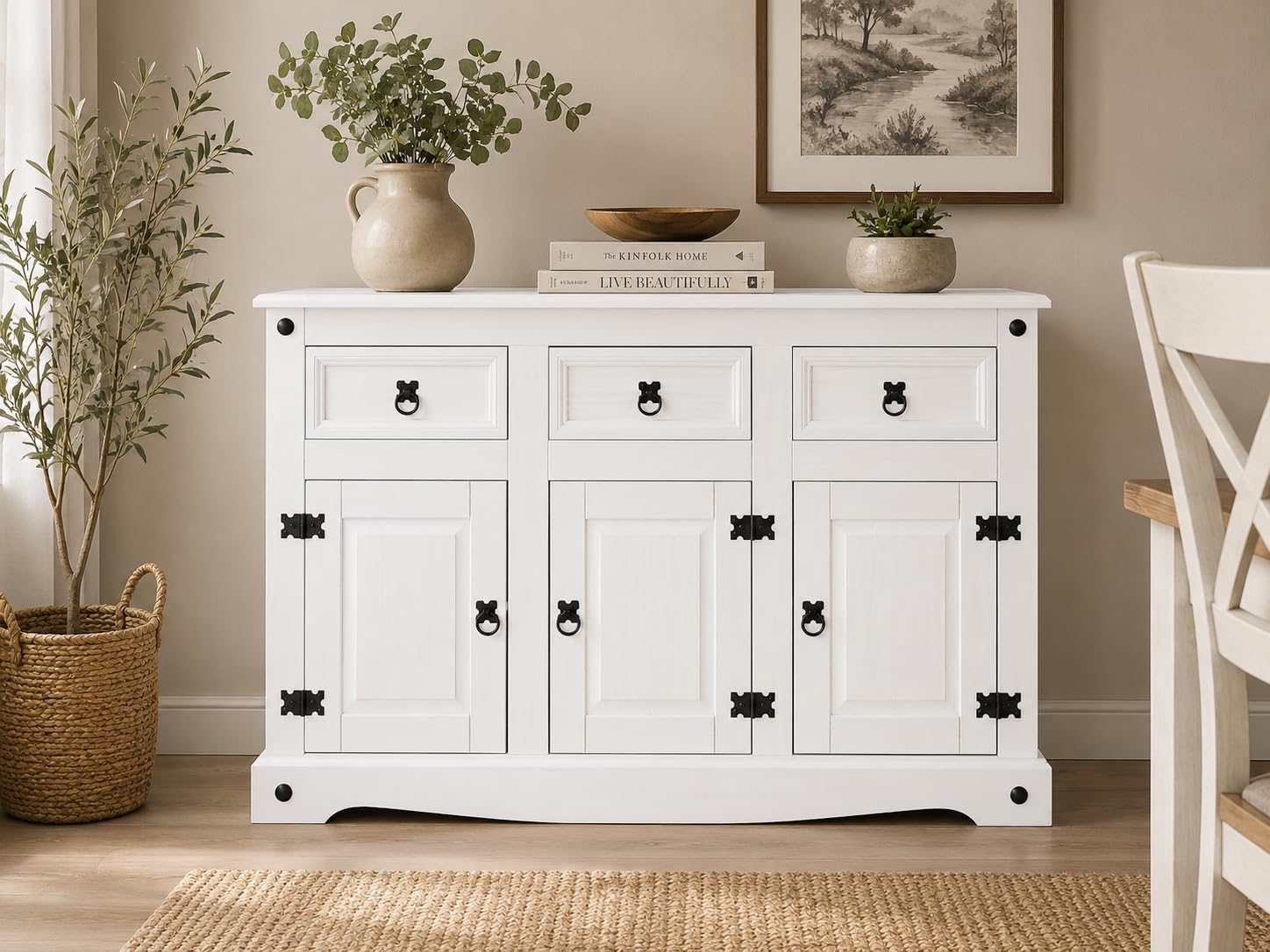 Corona Sideboard 3 Door 3 Drawer Country House All White Solid Mexican Pine Wood W 125cm x D 40cm x H 76cm