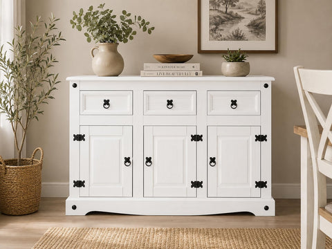 Corona Sideboard 3 Door 3 Drawer Country House All White Solid Mexican Pine Wood W 125cm x D 40cm x H 76cm