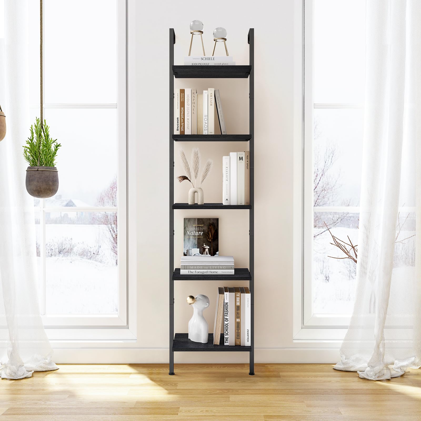 ELYKEN Slim Leaning Ladder Shelf Wall Mounted Wooden Narrow Shelf Unit