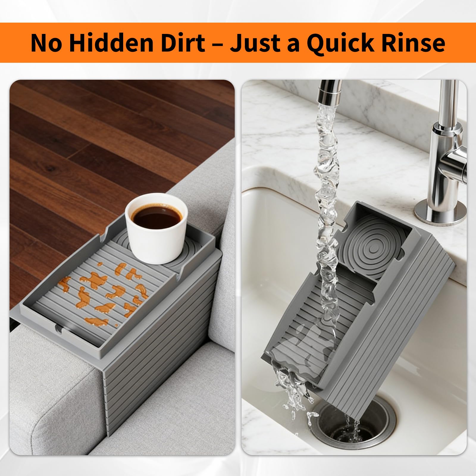 ANTREATU Silicone Sofa Arm Tray, Flexible Couch Arm Table with Cup Holder, Anti-Slip Couch Caddy for Drinks, Snacks, Phone, Remote Control - Grey