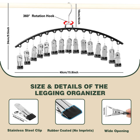 2 PCS Trouser Hangers with 15 Clips, 360° Swivel Hook Hanging Pants Hangers, Space Saving Closet Organizer and Storage for Leggings, Shorts, Skirts