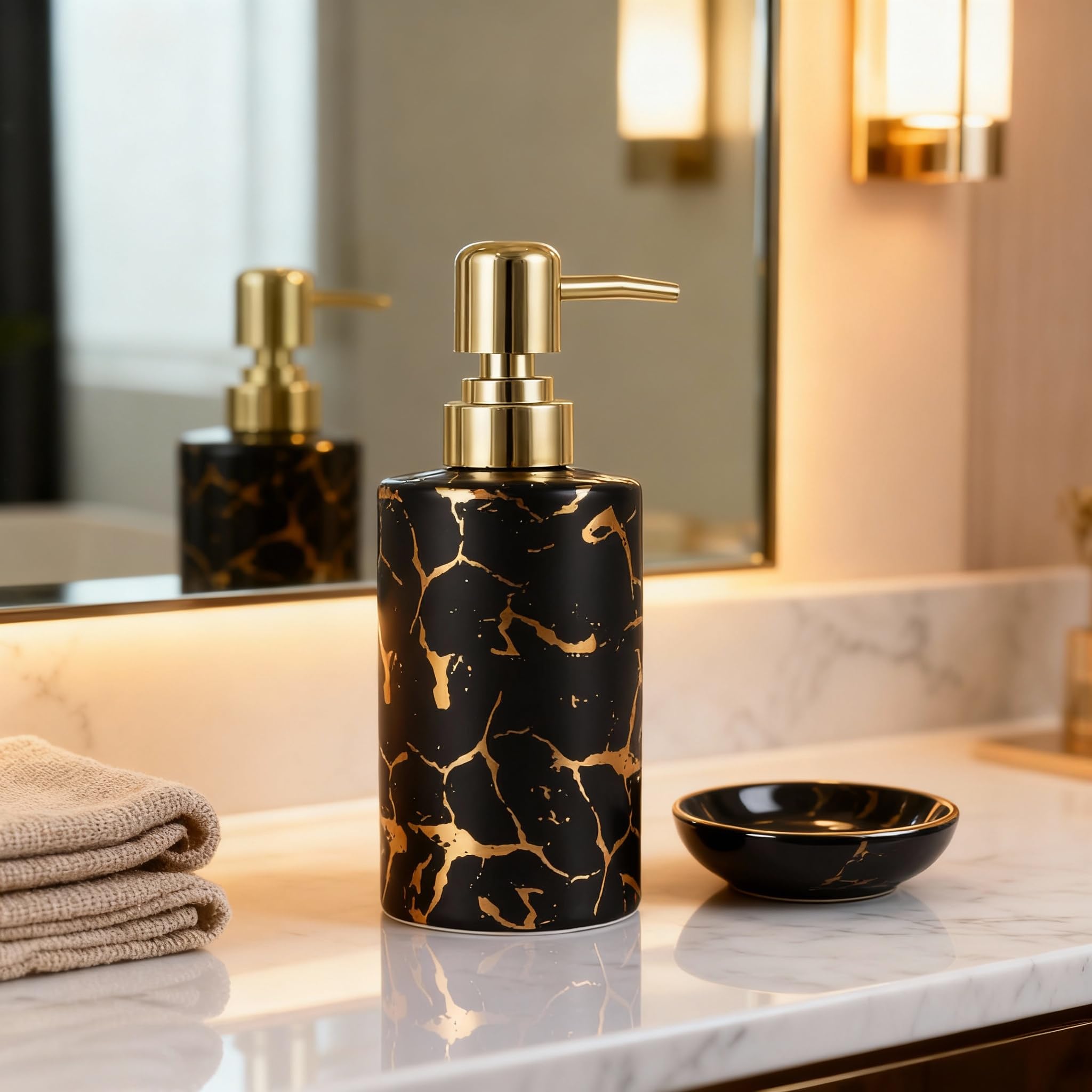 Gold Bathroom Soap Dispenser,Gold Pump Ceramic Soap Dispenser,Kitchen Marbling Empty Pump Bottle,Bath Countertop Storage Organizer Marble Bathroom