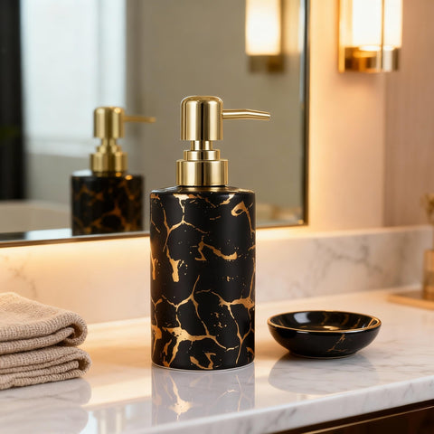 Gold Bathroom Soap Dispenser,Gold Pump Ceramic Soap Dispenser,Kitchen Marbling Empty Pump Bottle,Bath Countertop Storage Organizer Marble Bathroom