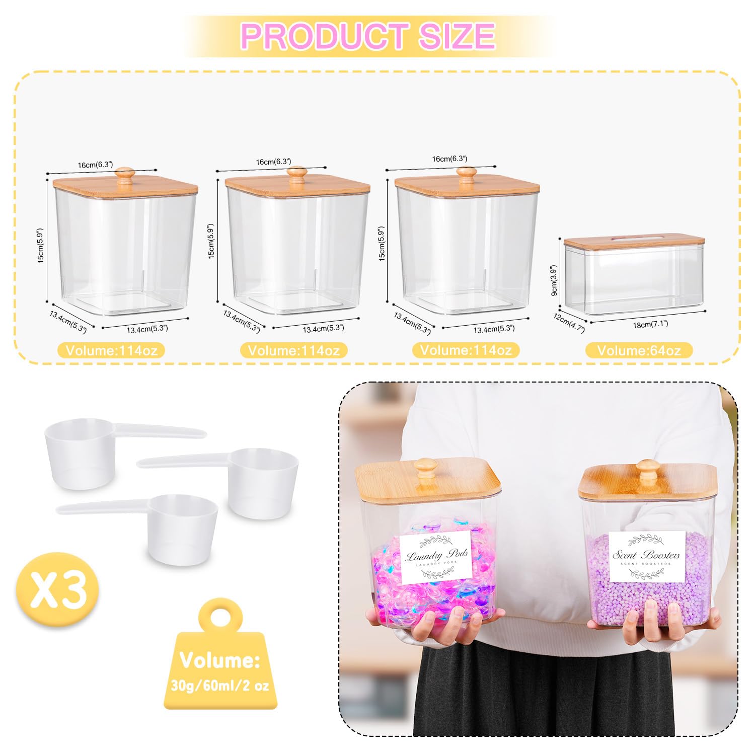 efluky Set of 4 Laundry Pods Containers, Laundry Detergent Storage with Lid, Multi-Purpose Detergent Box with 16 Stickers and 3 Scoops for Laundry