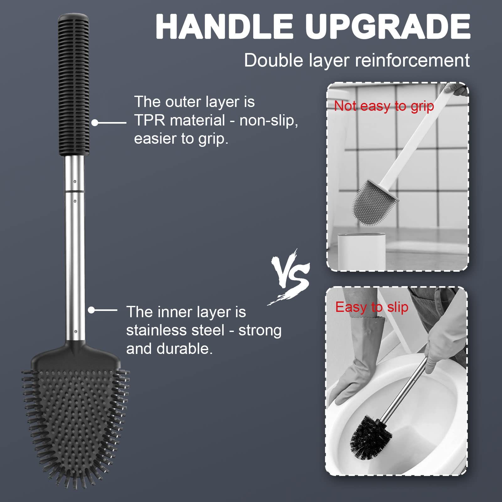 ASOBEAGE Silicone Toilet Brush: Flexible Head, Stainless Steel Handle, Wall-mounted, Quick-drying Holder for Bathroom Clean (Black)