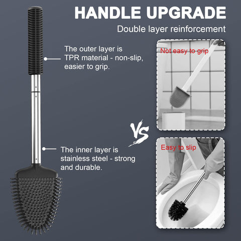 ASOBEAGE Silicone Toilet Brush: Flexible Head, Stainless Steel Handle, Wall-mounted, Quick-drying Holder for Bathroom Clean (Black)