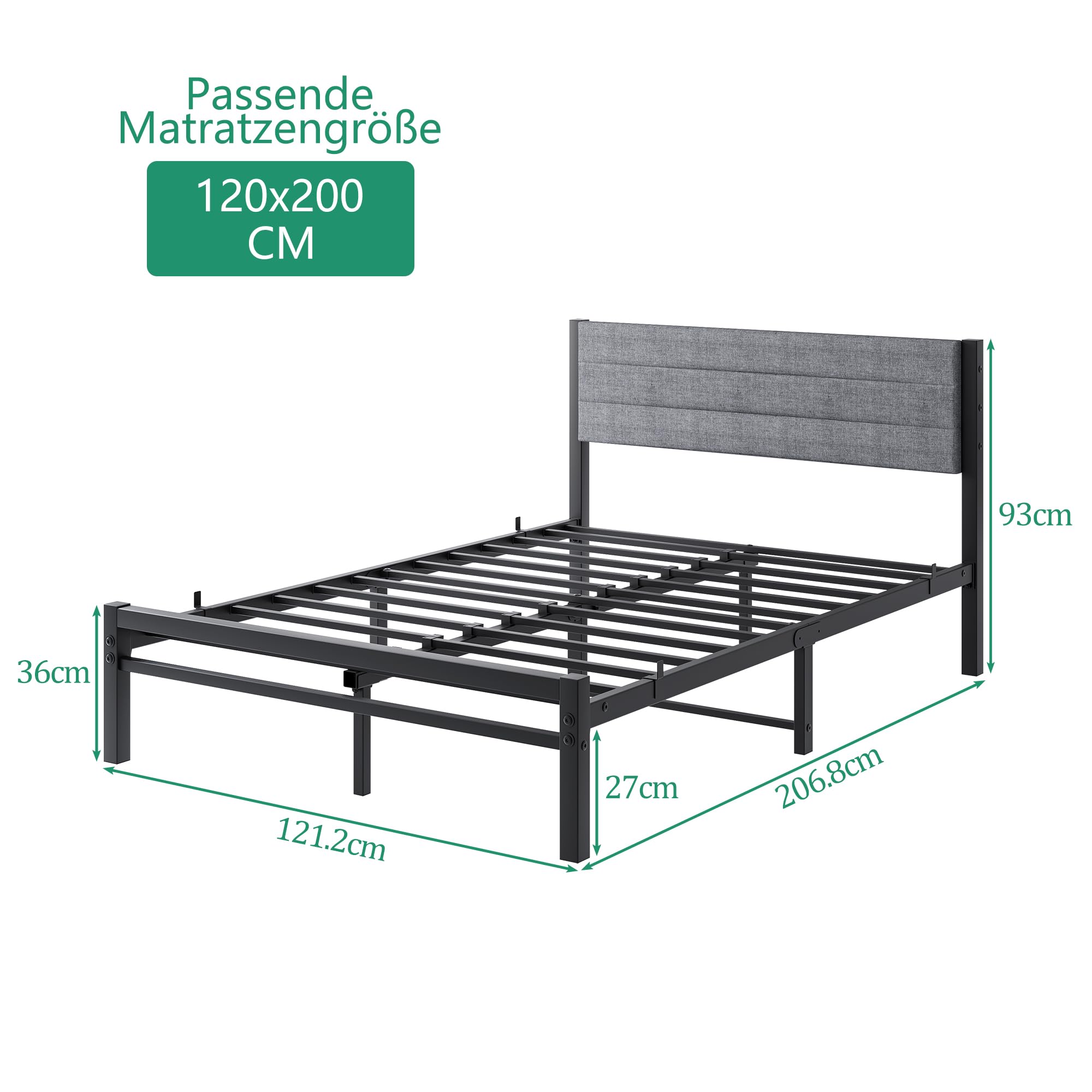 JUISSANO Upholstered Bed 120 x 200 cm Bed Frame Youth Bed Frame Bed 120 x 200 cm with Metal Slatted Frame, Padded Pedestal, Modern Single Bed