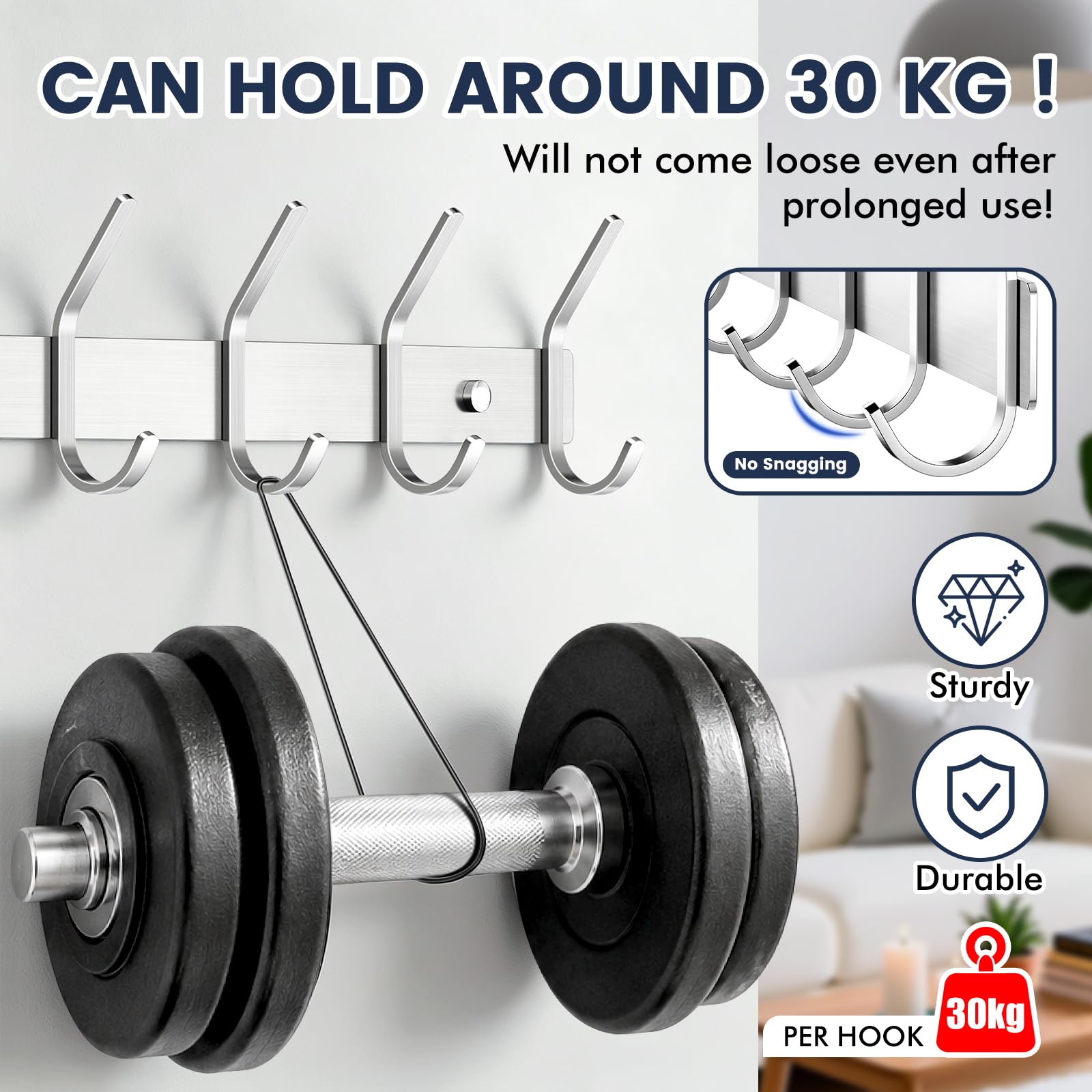 TINIFO Coat Hooks Wall Mounted - Stainless Steel Coat Rack 6 Hook for Hallway, Door (2 Pack), Silver