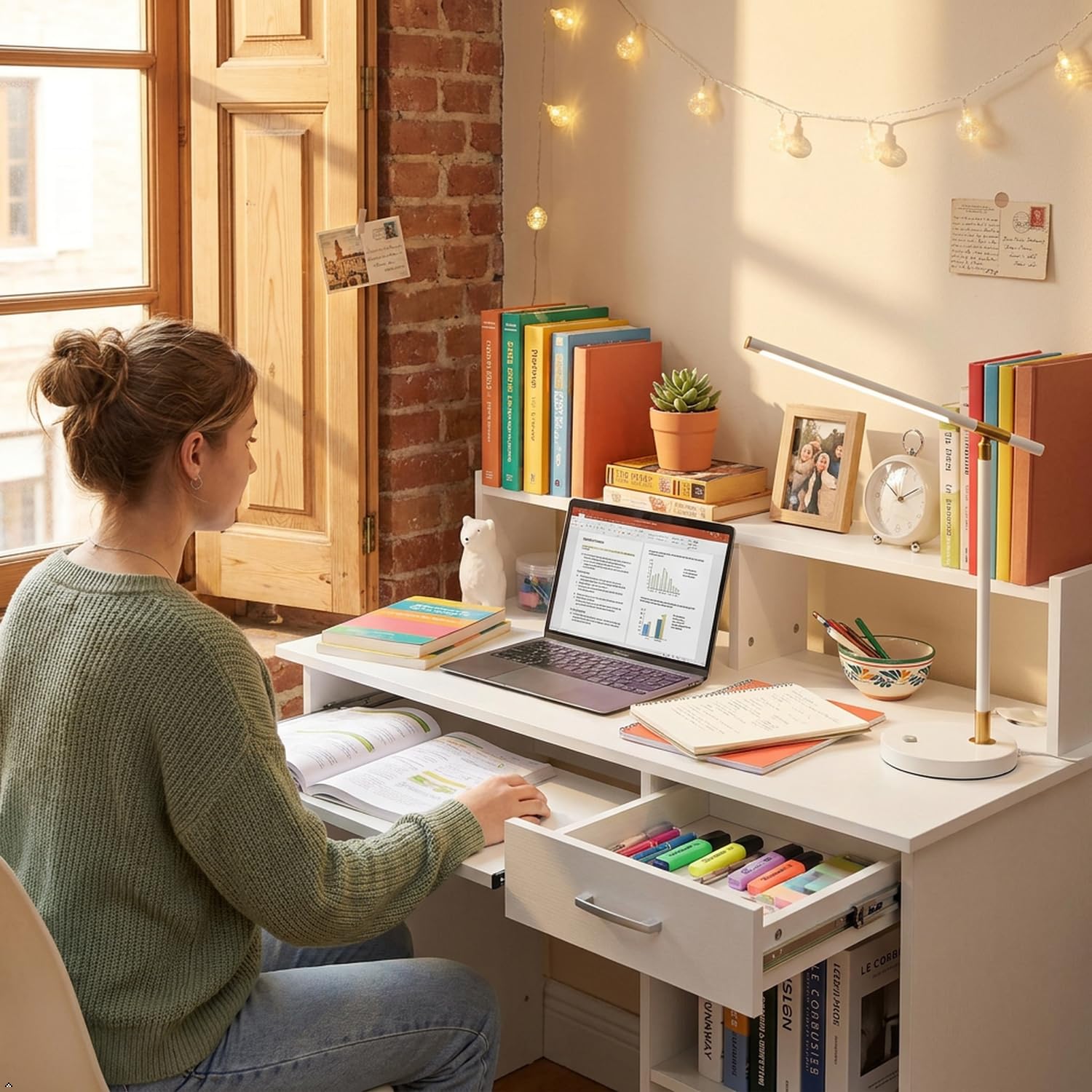 Yaheetech Computer Desk with Drawers Study Table for Home Office, White