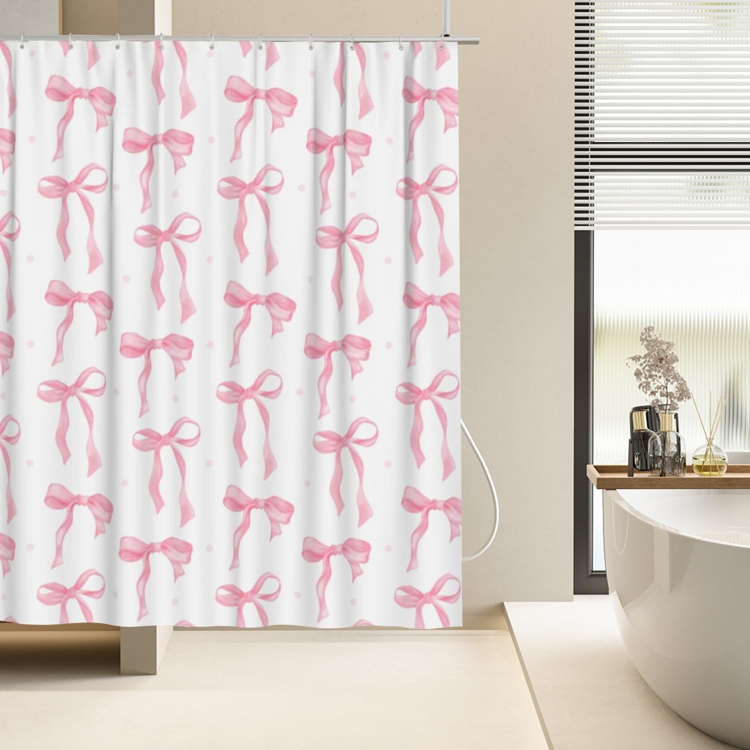 Onperpoe Cute Pink Bow Shower Curtain, 180 x 180cm, Waterproof & Mildew-Proof, 12 Hooks, Preppy Princess Style