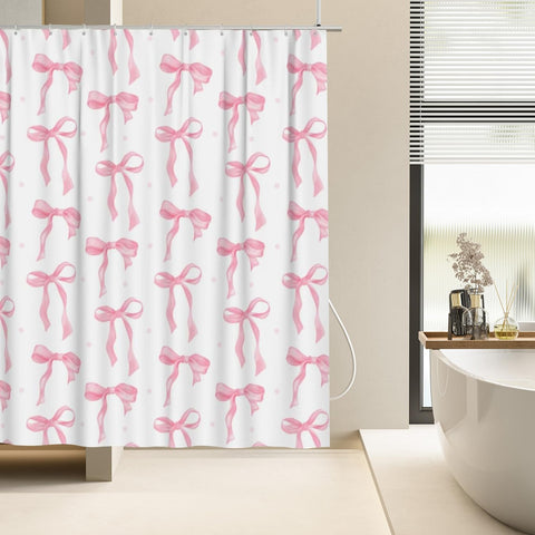 Onperpoe Cute Pink Bow Shower Curtain, 180 x 180cm, Waterproof & Mildew-Proof, 12 Hooks, Preppy Princess Style