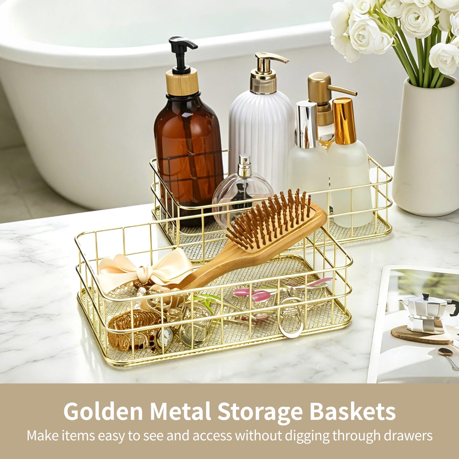 2 PCS Golden Metal Storage Baskets, Wire Desktop Organizer Tray 24.5 x 16.5 x 6.5 cm