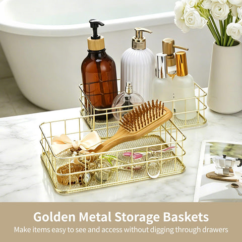 2 PCS Golden Metal Storage Baskets, Wire Desktop Organizer Tray 24.5 x 16.5 x 6.5 cm