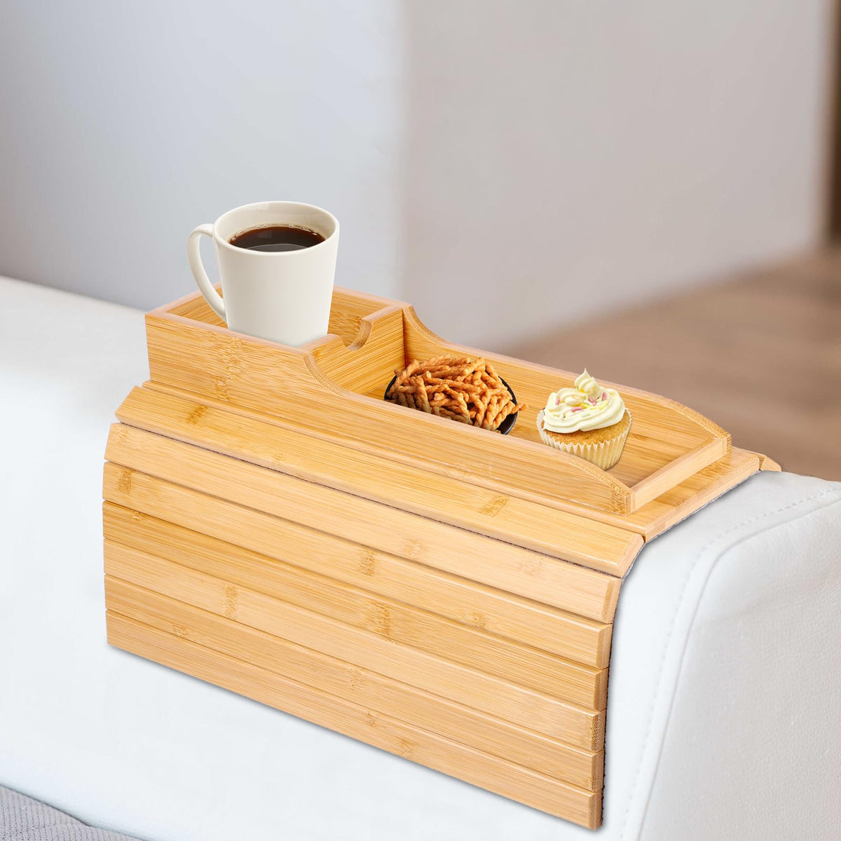 YUNYOUC Couch Arm Tray, Bamboo Sofa Table for Couch, Foldable Sofa Arm Tray with Cup Holder, Non-Slip Armrest Organizer for Drink, Cup, Snack, Control