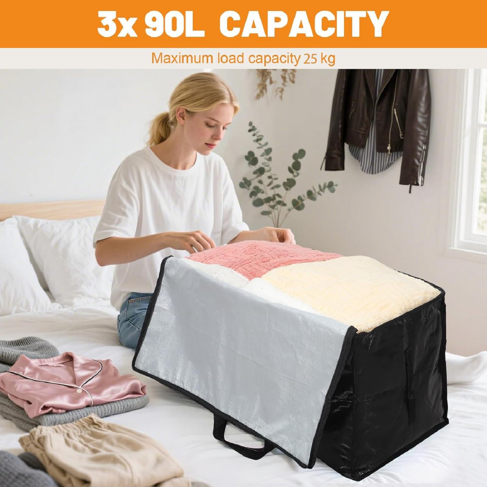 3 Pack 90L Moving Bags, Heavy Duty Storage Bags Dorm Moving Essential,Black