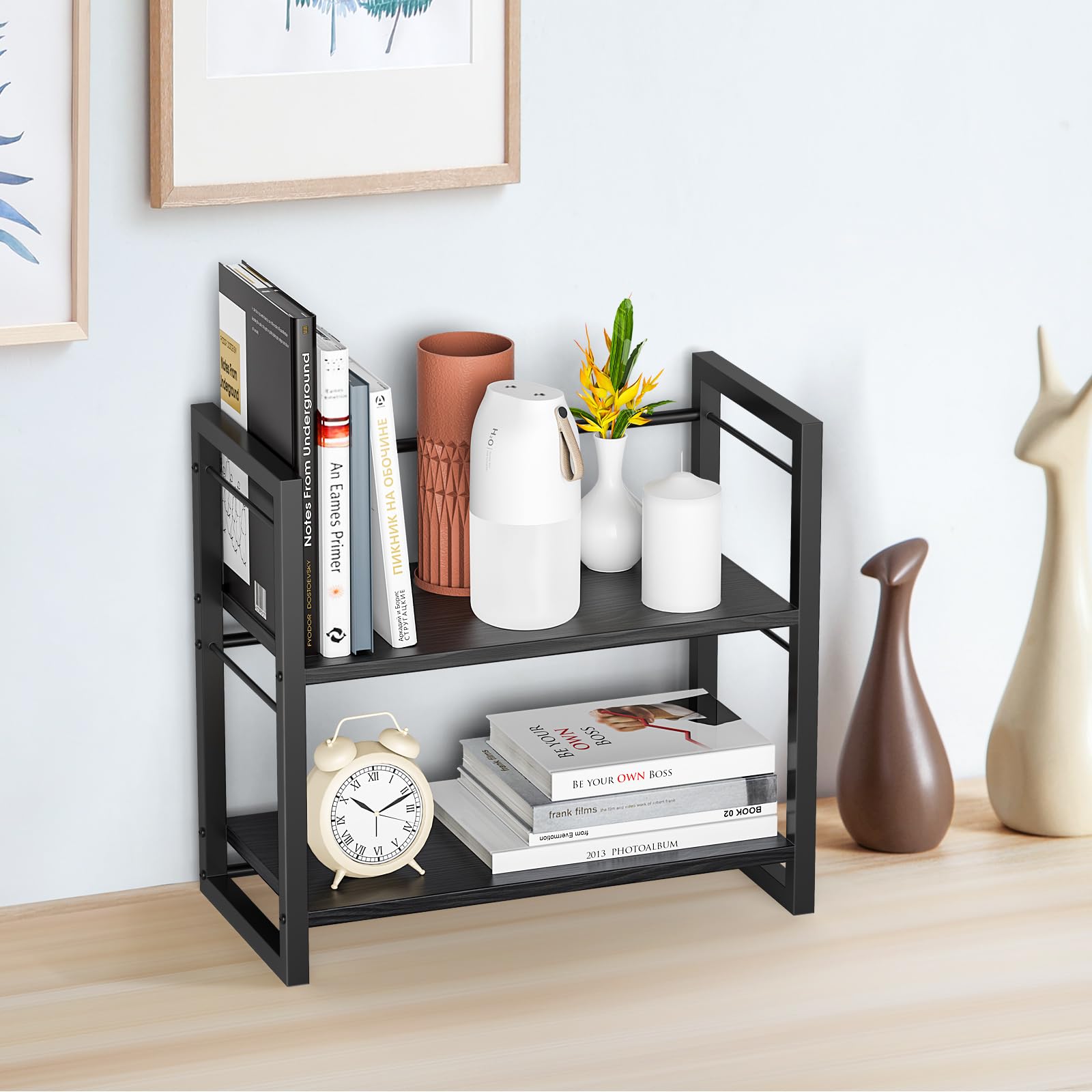 THYGIFTREE Office Desk Shelf Organizer, Wood Desktop Bookshelf Supplies Storage Rack, Shelf for Top of Desk and Dresser (All Black)