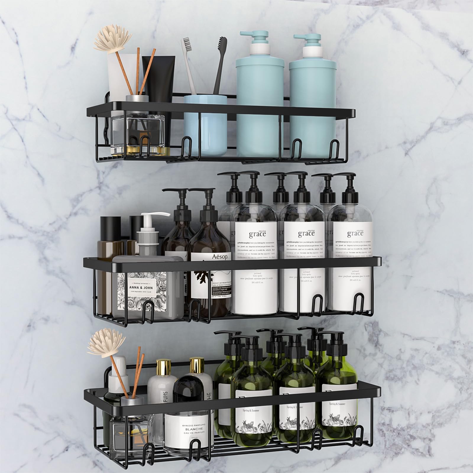 UZIMOO Shower Caddy Black - Bathroom Shelves Organiser No Drilling Adhesive Bathroom Shelf Wall Mounted