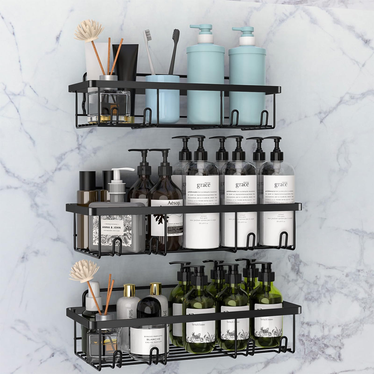 UZIMOO Shower Caddy Black - Bathroom Shelves Organiser No Drilling Adhesive Bathroom Shelf Wall Mounted