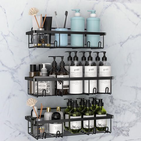 UZIMOO Shower Caddy Black - Bathroom Shelves Organiser No Drilling Adhesive Bathroom Shelf Wall Mounted