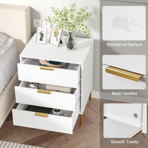 Skokliz Bedside Table with 3 Drawers, White Nigntstand for Bedroom, Wood Fluted End Table for Living Room, Small spaces
