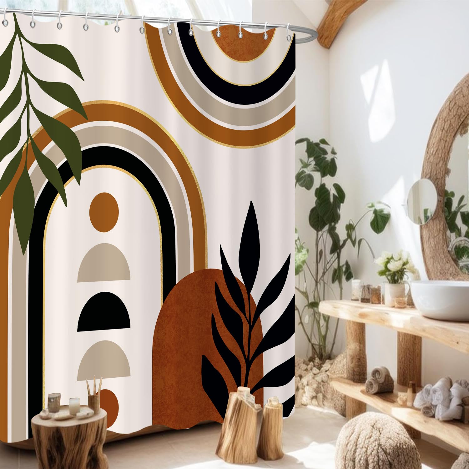 GCIREC Shower Curtain, 180x180cm, Terracotta White Mid Century Modern Abstract Art Boho Geometric Waterproof Fabric Machine Washable Bathroom Curtain