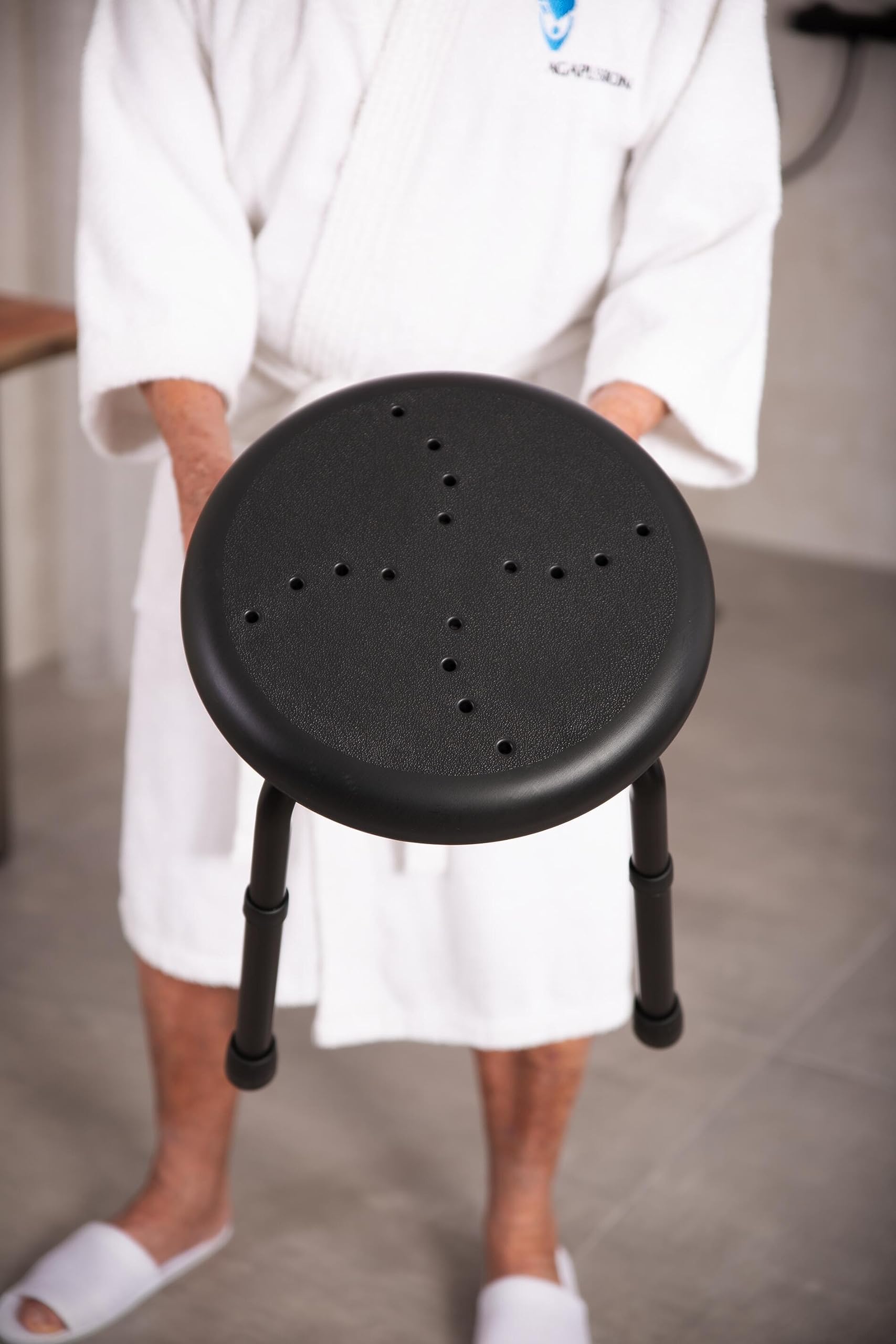 RIDDER Go Bathroom Stool Diameter 50 x 34.9 – 52.5 cm, Black, Aluminium/PE/TPR Height-Adjustable Shower Stool with Non-Slip Seat, Stable Bath Stool