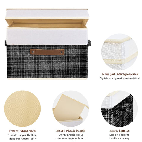 TYEERS Collapsible Storage Box with Lid, Patchwork Design, Decorative, Fabric Storage Box for Clothes, Wardrobe Storage, 38x25x25 cm, Set of 3, Black