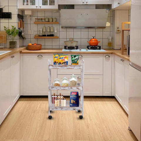 lamde 3-Tier Wooden Rolling Cart- Wooden Utility Cart wit Wheels- Utility Rolling Cart-Storage Trolley Organizer- Rolling Kitchen Cart Serving Cart