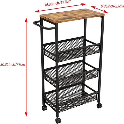 Dazioter Slim Rolling Cart 4 Tier Narrow Storage Cart on Wheels with MDF Board Top and Metal Handle for Small Space Kitchen Living Room Home Office