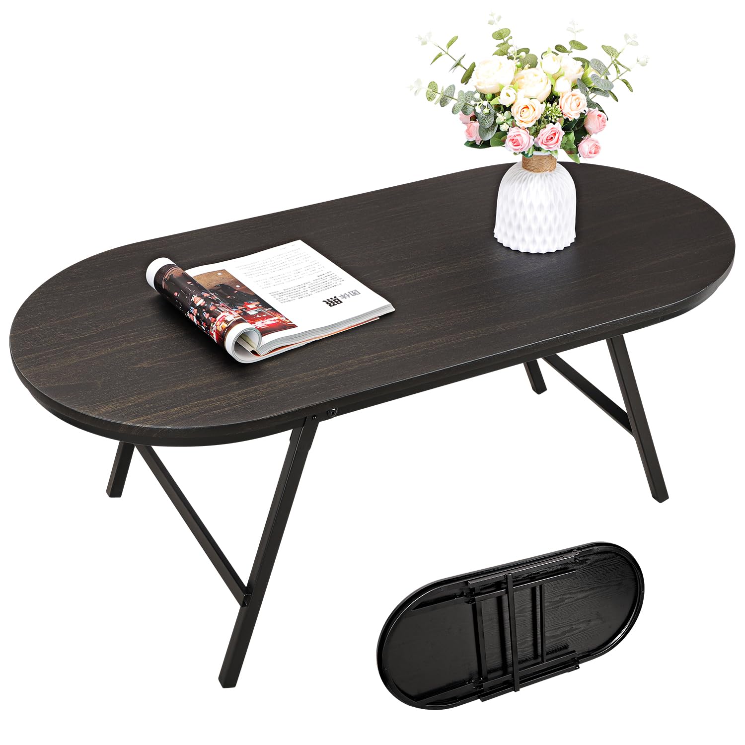 FEUFOAM Small Oval Coffee Table Wood and Metal Folding Low Coffee Tables with Safety Lock Portable Outdoor Table Floor Center Tables for Living Room