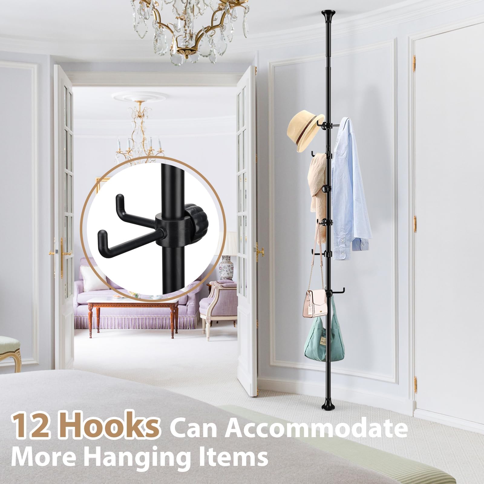 DAKEPOLE Freestanding Coat Stand, Coat Rack Adjustable Tension Pole 140-310cm with 12 Hooks for Coats, Jackets, Hats