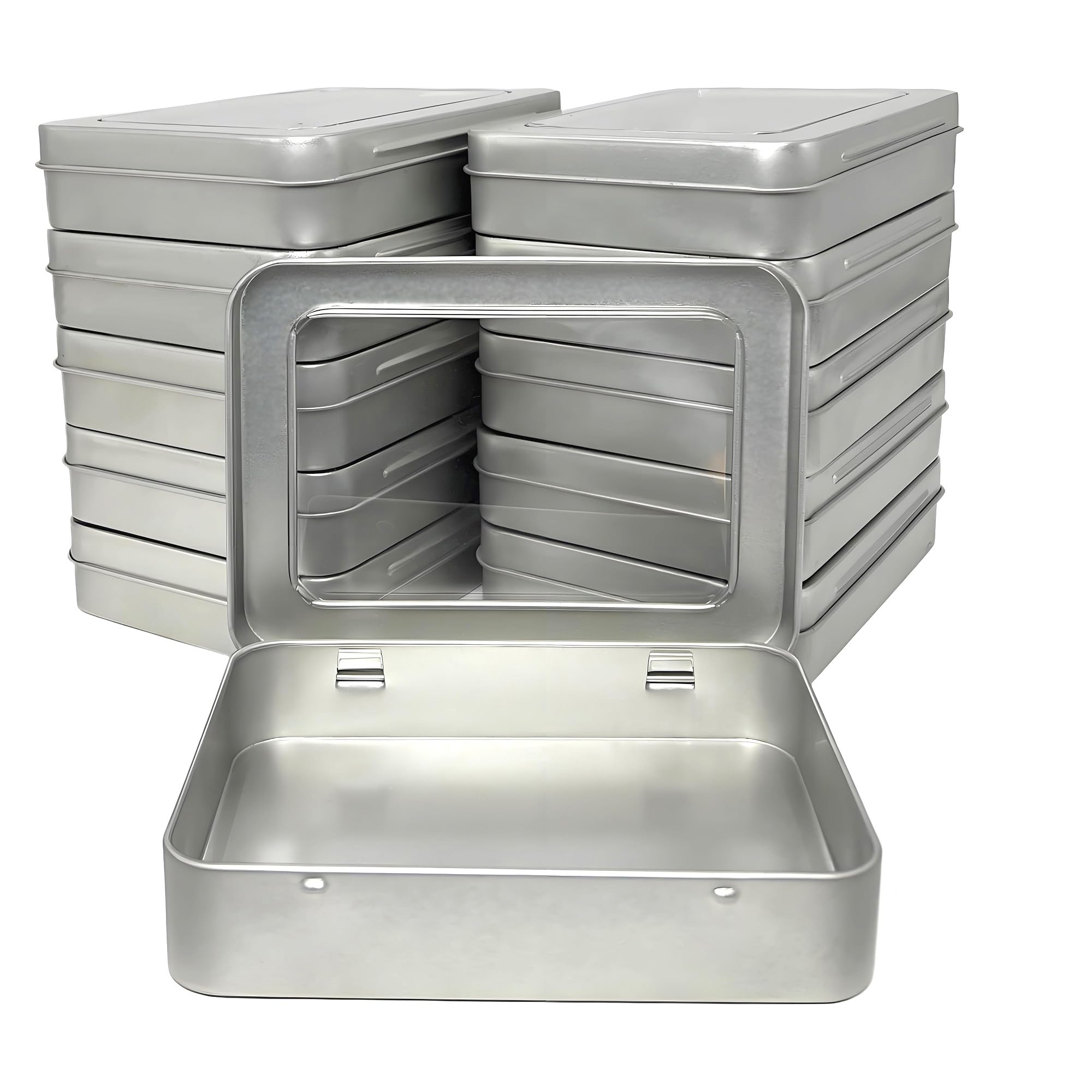 Forever bene 12 Metal Tins with Window Lids, 12 Pieces, Silver, each piece measures 11,5 × 8,5 × 2,2 cm