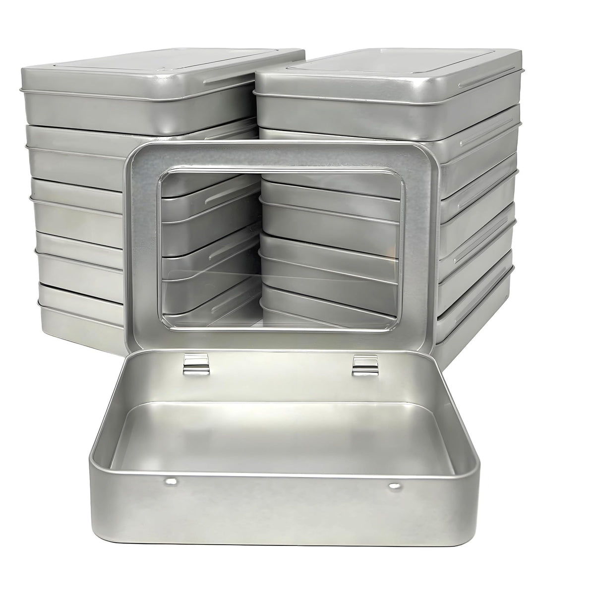 Forever bene 12 Metal Tins with Window Lids, 12 Pieces, Silver, each piece measures 11,5 × 8,5 × 2,2 cm
