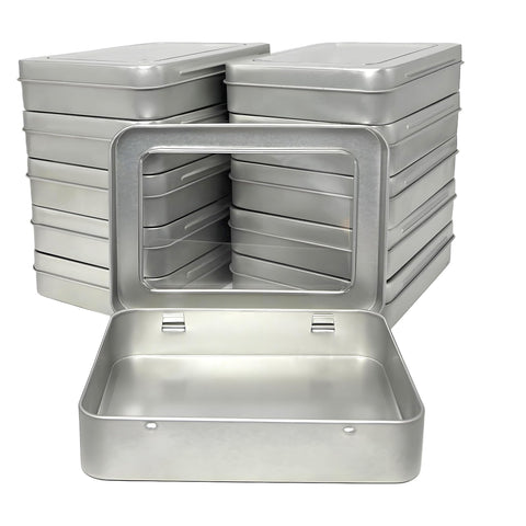 Forever bene 12 Metal Tins with Window Lids, 12 Pieces, Silver, each piece measures 11,5 × 8,5 × 2,2 cm