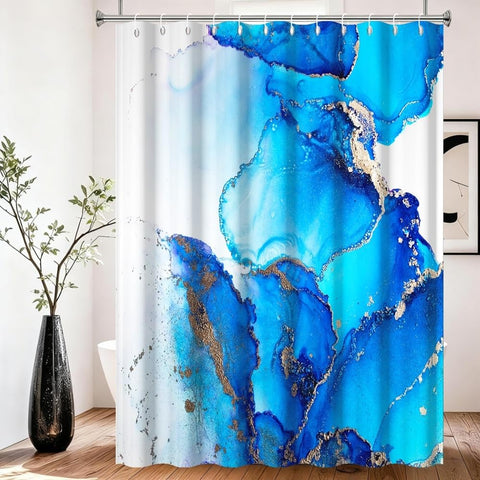 Xiaoterna Marble Shower Curtain Modern Luxury Blue Gradient Marble Waterproof Bathroom Curtain Abstract Art Gilding Wave Textured Washable Mildew