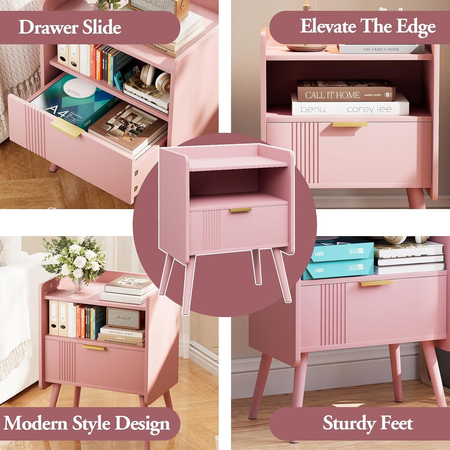 Bedside Table, Nightstand, Bed Side Table with Wood Decorated Drawers