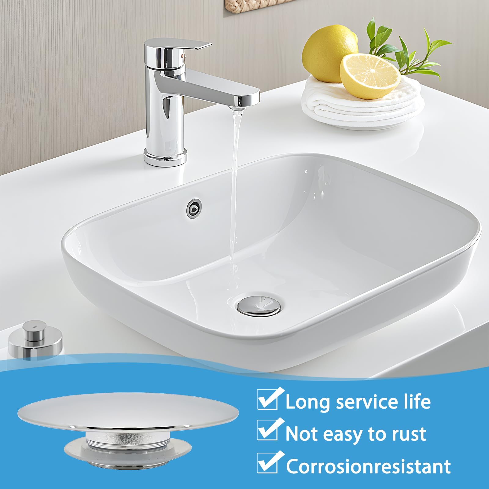 3 Pcs Pop Up Sink Plug Replacement 66mm,Chrome Click Clack Sink Plug Replacement,Pop Up Push Button Waste Stopper for Bathroom Sinks & Bathtubs