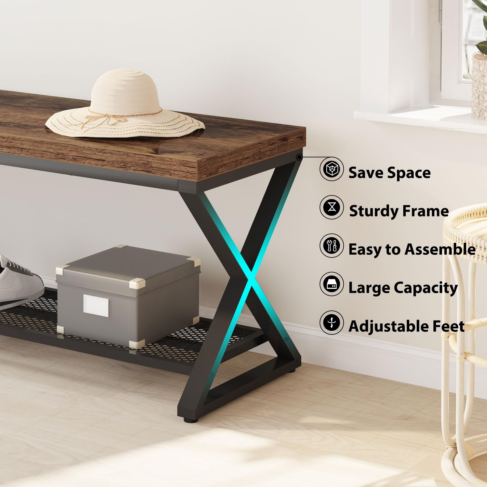 LVB Rustic Brown Industrial Entryway Bench with Storage, Indoor Wood and Metal Storage for Living Room Bedroom